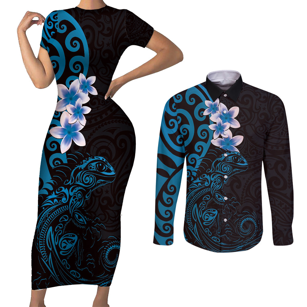 New Zealand Tuatara Plumeria Couples Matching Short Sleeve Bodycon Dress and Long Sleeve Button Shirt Maori Blue Koru Tribal Tattoo LT01 Blue - Polynesian Pride