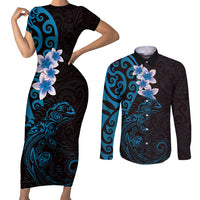 New Zealand Tuatara Plumeria Couples Matching Short Sleeve Bodycon Dress and Long Sleeve Button Shirt Maori Blue Koru Tribal Tattoo LT01 Blue - Polynesian Pride