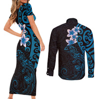 New Zealand Tuatara Plumeria Couples Matching Short Sleeve Bodycon Dress and Long Sleeve Button Shirt Maori Blue Koru Tribal Tattoo LT01 - Polynesian Pride