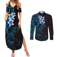 New Zealand Tuatara Plumeria Couples Matching Summer Maxi Dress and Long Sleeve Button Shirt Maori Blue Koru Tribal Tattoo LT01 Blue - Polynesian Pride