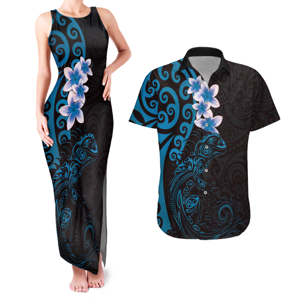 New Zealand Tuatara Plumeria Couples Matching Tank Maxi Dress and Hawaiian Shirt Maori Blue Koru Tribal Tattoo LT01 Blue - Polynesian Pride
