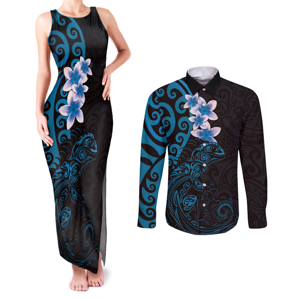 New Zealand Tuatara Plumeria Couples Matching Tank Maxi Dress and Long Sleeve Button Shirt Maori Blue Koru Tribal Tattoo
