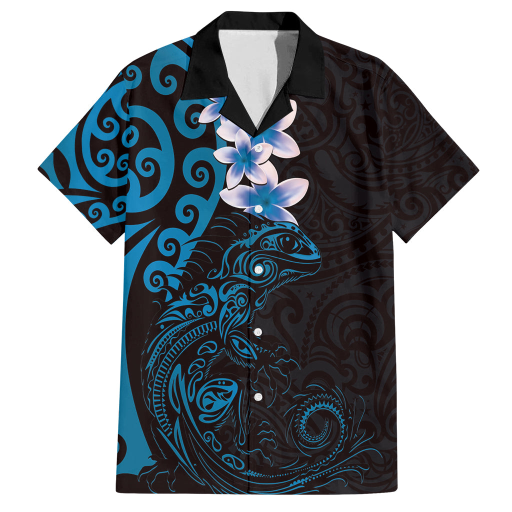 New Zealand Tuatara Plumeria Family Matching Long Sleeve Bodycon Dress and Hawaiian Shirt Maori Blue Koru Tribal Tattoo LT01 Dad's Shirt - Short Sleeve Blue - Polynesian Pride