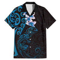 New Zealand Tuatara Plumeria Family Matching Mermaid Dress and Hawaiian Shirt Maori Blue Koru Tribal Tattoo LT01 Dad's Shirt - Short Sleeve Blue - Polynesian Pride