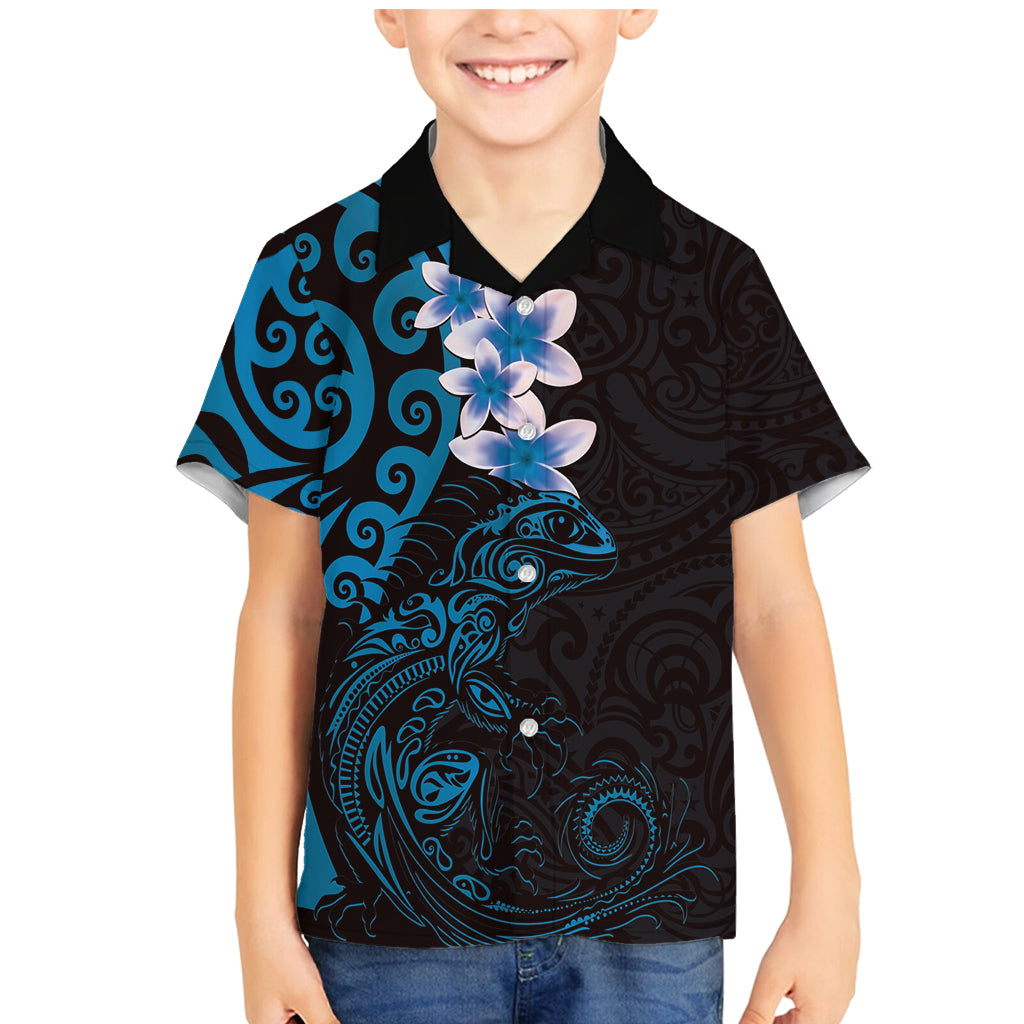 New Zealand Tuatara Plumeria Family Matching Mermaid Dress and Hawaiian Shirt Maori Blue Koru Tribal Tattoo LT01 Son's Shirt Blue - Polynesian Pride