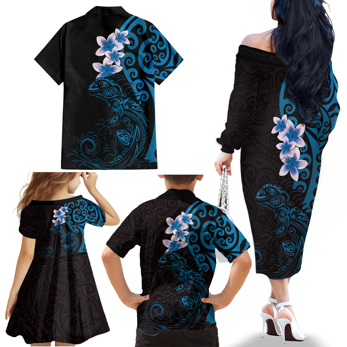New Zealand Tuatara Plumeria Family Matching Off The Shoulder Long Sleeve Dress and Hawaiian Shirt Maori Blue Koru Tribal Tattoo LT01 - Polynesian Pride