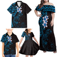 New Zealand Tuatara Plumeria Family Matching Off Shoulder Maxi Dress and Hawaiian Shirt Maori Blue Koru Tribal Tattoo LT01 - Polynesian Pride