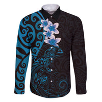 New Zealand Tuatara Plumeria Family Matching Puletasi and Hawaiian Shirt Maori Blue Koru Tribal Tattoo LT01 Dad's Shirt - Long Sleeve Blue - Polynesian Pride
