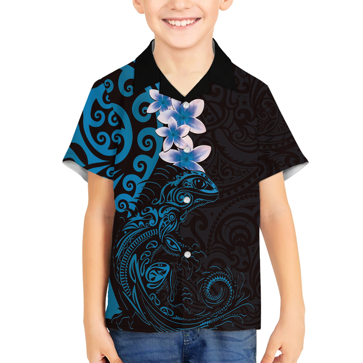 New Zealand Tuatara Plumeria Family Matching Puletasi and Hawaiian Shirt Maori Blue Koru Tribal Tattoo LT01 Son's Shirt Blue - Polynesian Pride