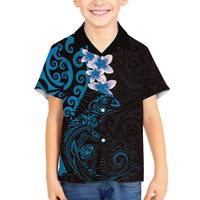 New Zealand Tuatara Plumeria Family Matching Puletasi and Hawaiian Shirt Maori Blue Koru Tribal Tattoo LT01 Son's Shirt Blue - Polynesian Pride