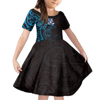 New Zealand Tuatara Plumeria Family Matching Short Sleeve Bodycon Dress and Hawaiian Shirt Maori Blue Koru Tribal Tattoo LT01 Daughter's Dress Blue - Polynesian Pride