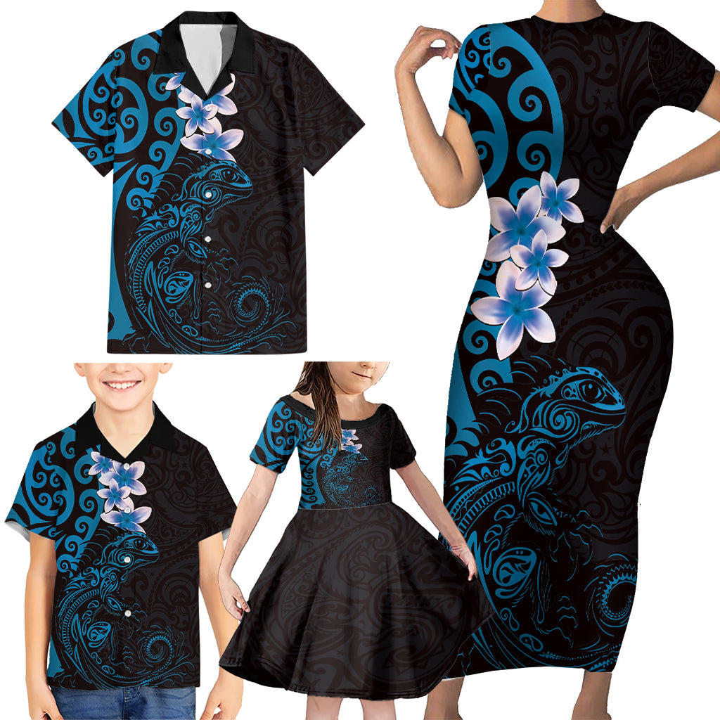 New Zealand Tuatara Plumeria Family Matching Short Sleeve Bodycon Dress and Hawaiian Shirt Maori Blue Koru Tribal Tattoo LT01 - Polynesian Pride