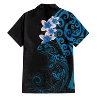 New Zealand Tuatara Plumeria Family Matching Short Sleeve Bodycon Dress and Hawaiian Shirt Maori Blue Koru Tribal Tattoo LT01 - Polynesian Pride