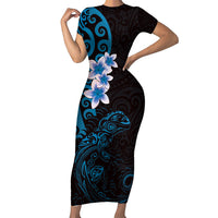 New Zealand Tuatara Plumeria Family Matching Short Sleeve Bodycon Dress and Hawaiian Shirt Maori Blue Koru Tribal Tattoo LT01 Mom's Dress Blue - Polynesian Pride