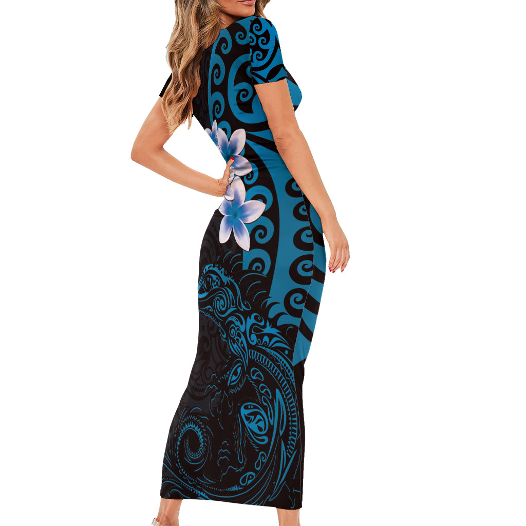 New Zealand Tuatara Plumeria Family Matching Short Sleeve Bodycon Dress and Hawaiian Shirt Maori Blue Koru Tribal Tattoo LT01 - Polynesian Pride