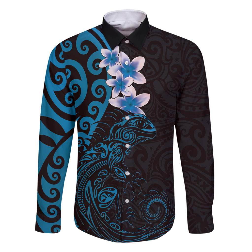 New Zealand Tuatara Plumeria Family Matching Tank Maxi Dress and Hawaiian Shirt Maori Blue Koru Tribal Tattoo LT01 Dad's Shirt - Long Sleeve Blue - Polynesian Pride