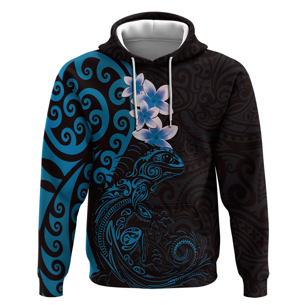 New Zealand Tuatara Plumeria Hoodie Maori Blue Koru Tribal Tattoo LT01 Pullover Hoodie Blue - Polynesian Pride