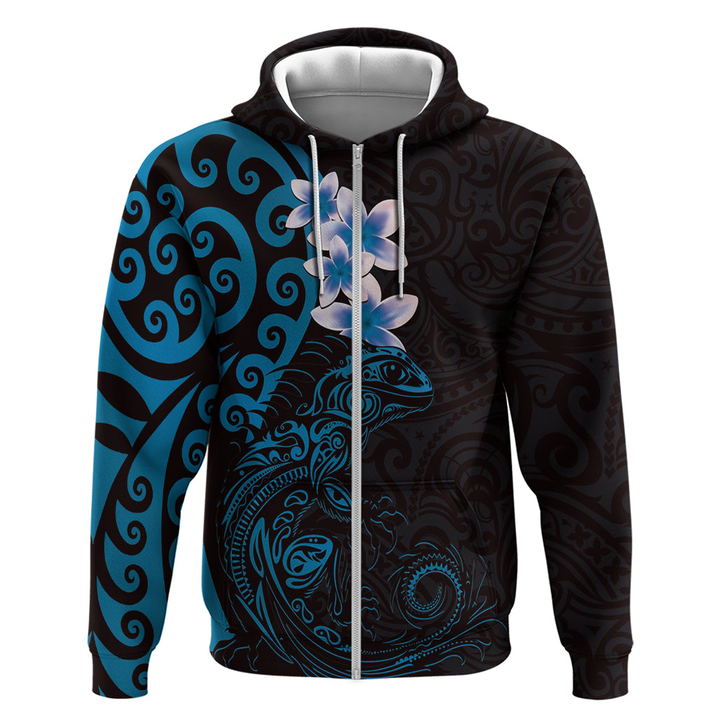 New Zealand Tuatara Plumeria Hoodie Maori Blue Koru Tribal Tattoo LT01 Zip Hoodie Blue - Polynesian Pride