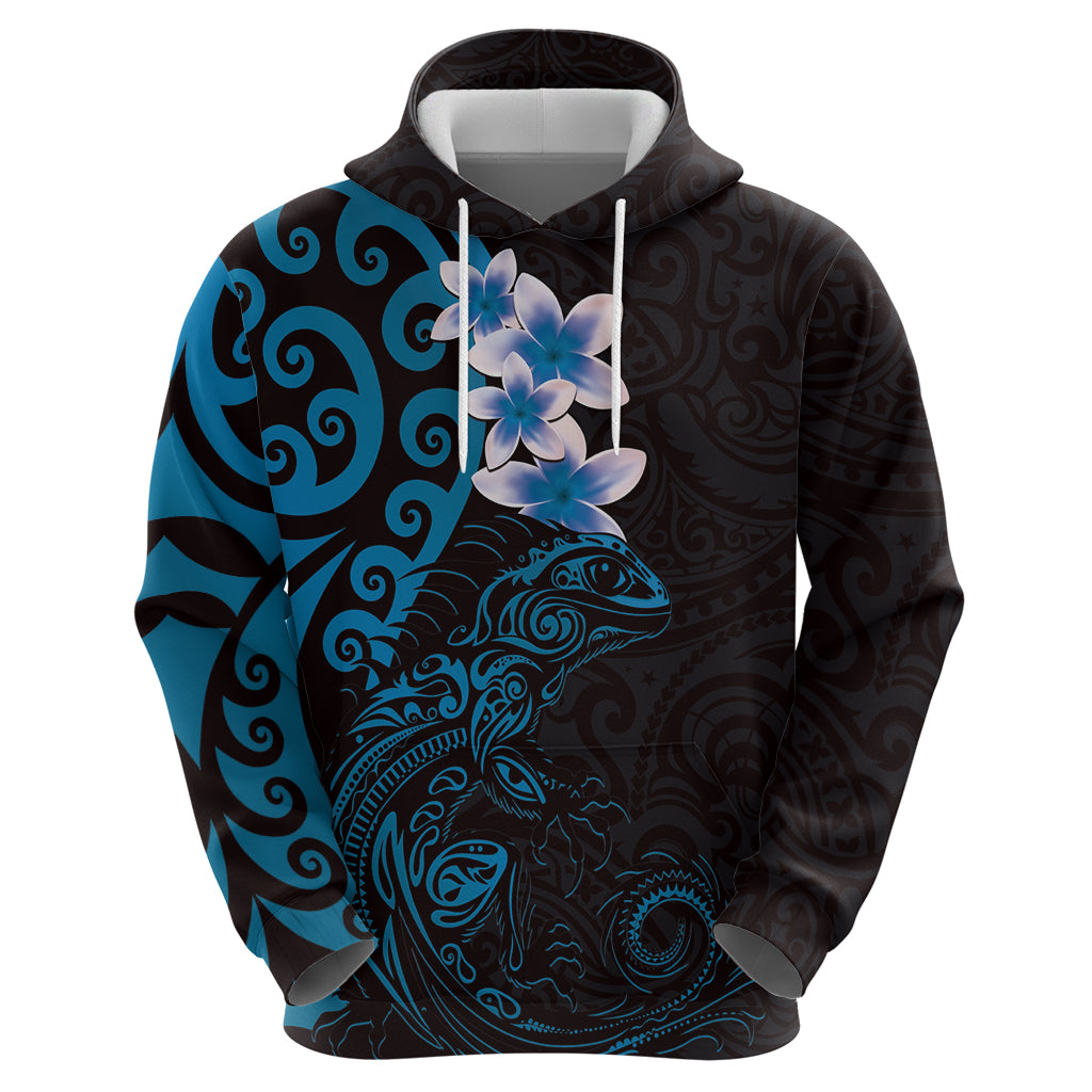 New Zealand Tuatara Plumeria Hoodie Maori Blue Koru Tribal Tattoo LT01 - Polynesian Pride