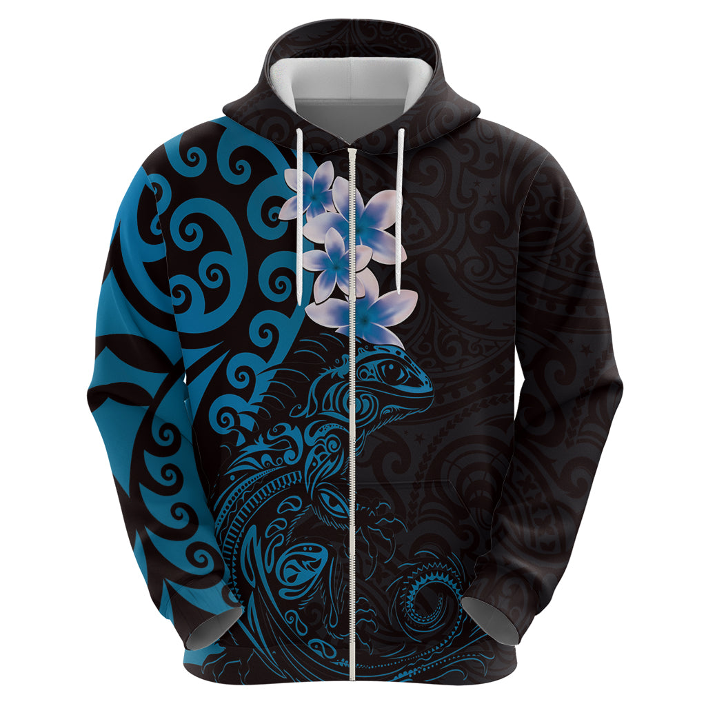 New Zealand Tuatara Plumeria Hoodie Maori Blue Koru Tribal Tattoo LT01 - Polynesian Pride
