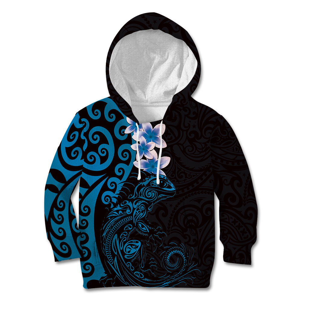 New Zealand Tuatara Plumeria Kid Hoodie Maori Blue Koru Tribal Tattoo LT01 Hoodie Blue - Polynesian Pride