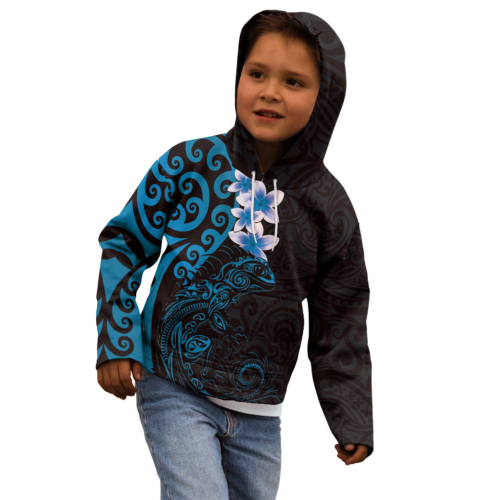 New Zealand Tuatara Plumeria Kid Hoodie Maori Blue Koru Tribal Tattoo LT01 - Polynesian Pride