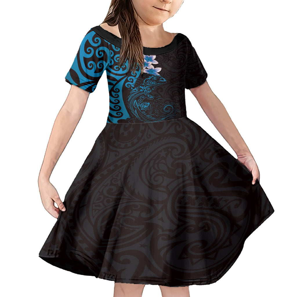 New Zealand Tuatara Plumeria Kid Short Sleeve Dress Maori Blue Koru Tribal Tattoo LT01 KID Blue - Polynesian Pride