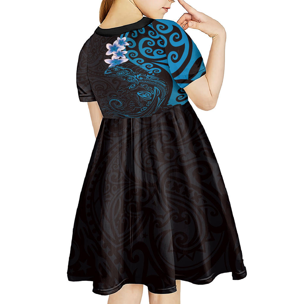 New Zealand Tuatara Plumeria Kid Short Sleeve Dress Maori Blue Koru Tribal Tattoo LT01 - Polynesian Pride