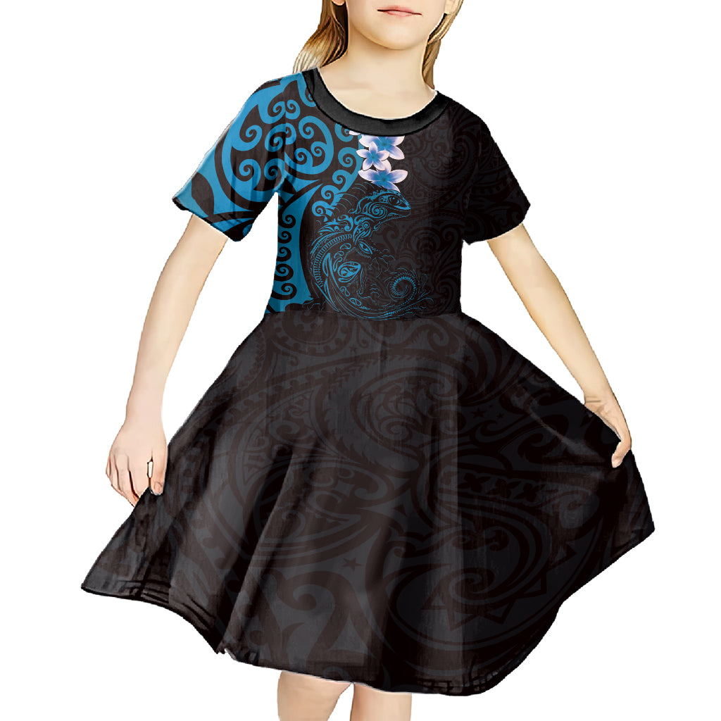 New Zealand Tuatara Plumeria Kid Short Sleeve Dress Maori Blue Koru Tribal Tattoo LT01 - Polynesian Pride