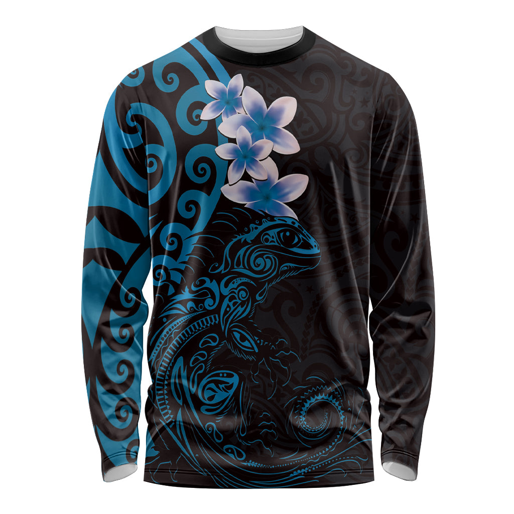 New Zealand Tuatara Plumeria Long Sleeve Shirt Maori Blue Koru Tribal Tattoo LT01 Unisex Blue - Polynesian Pride