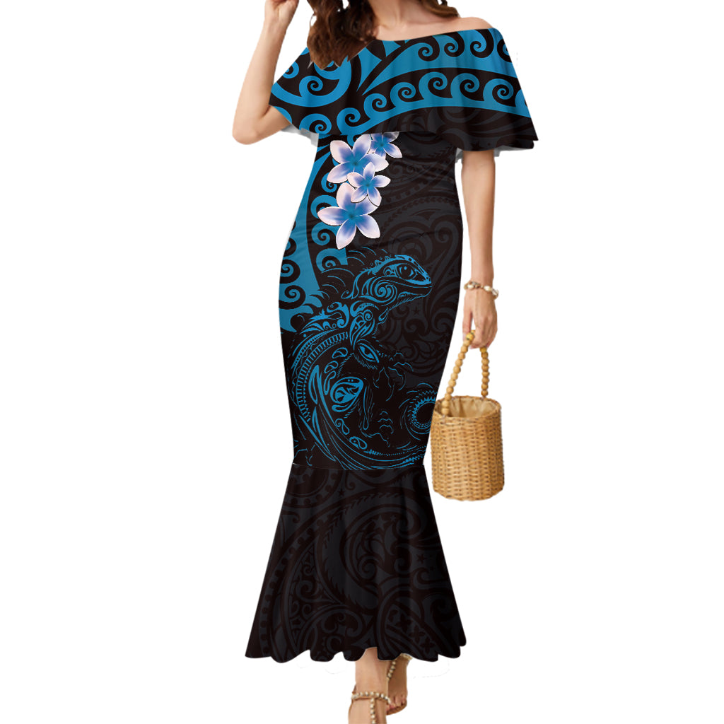New Zealand Tuatara Plumeria Mermaid Dress Maori Blue Koru Tribal Tattoo LT01 Women Blue - Polynesian Pride