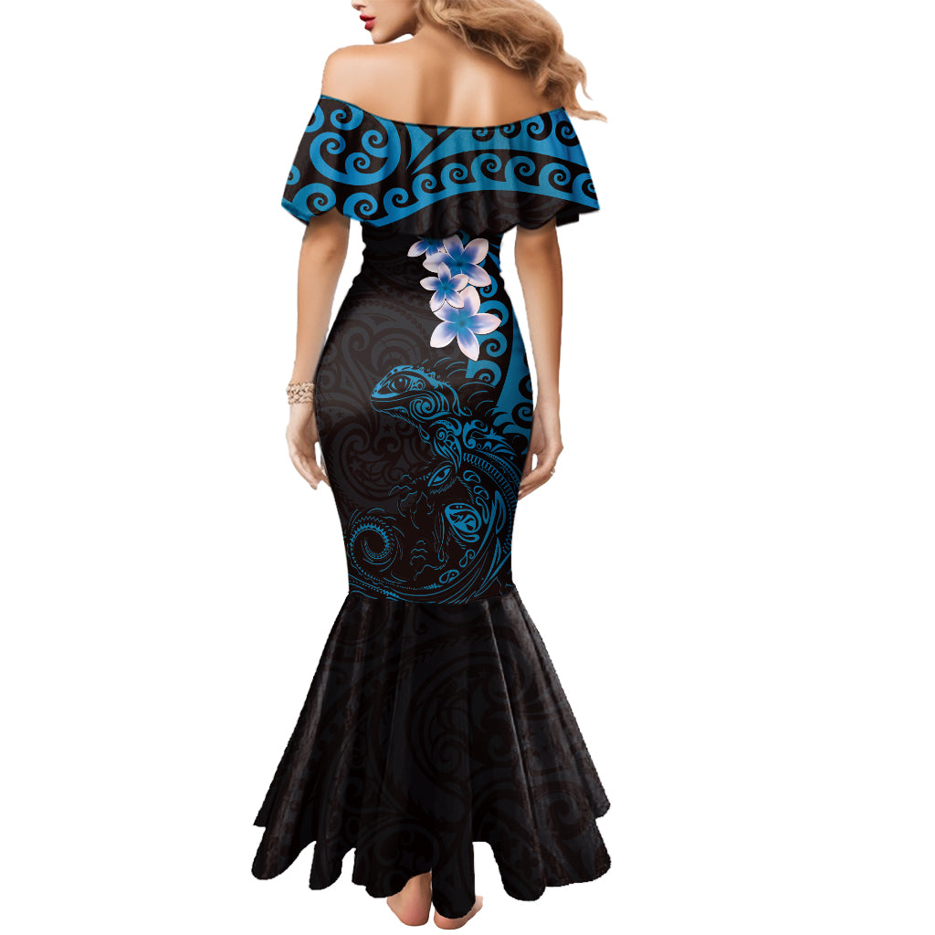 New Zealand Tuatara Plumeria Mermaid Dress Maori Blue Koru Tribal Tattoo LT01 - Polynesian Pride