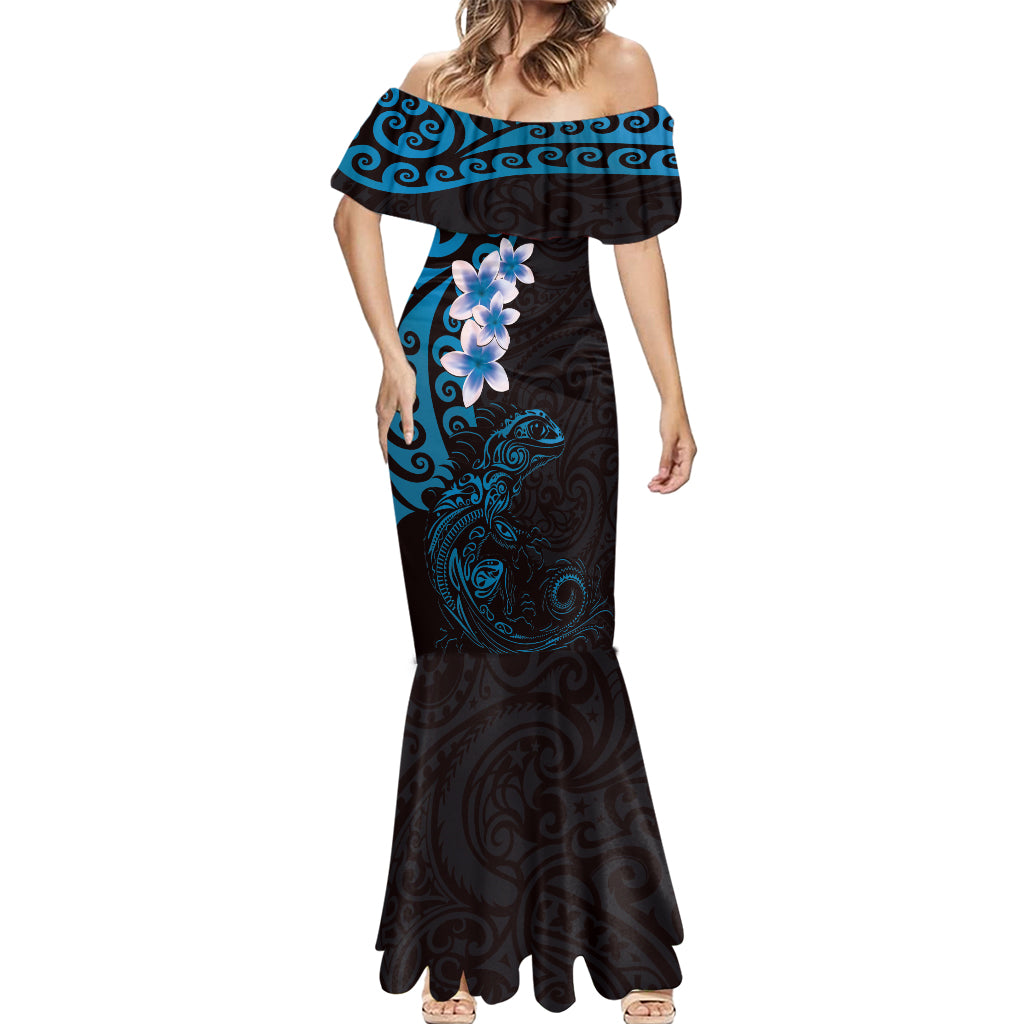 New Zealand Tuatara Plumeria Mermaid Dress Maori Blue Koru Tribal Tattoo LT01 - Polynesian Pride