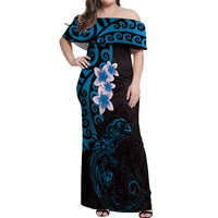 New Zealand Tuatara Plumeria Off Shoulder Maxi Dress Maori Blue Koru Tribal Tattoo LT01 Women Blue - Polynesian Pride