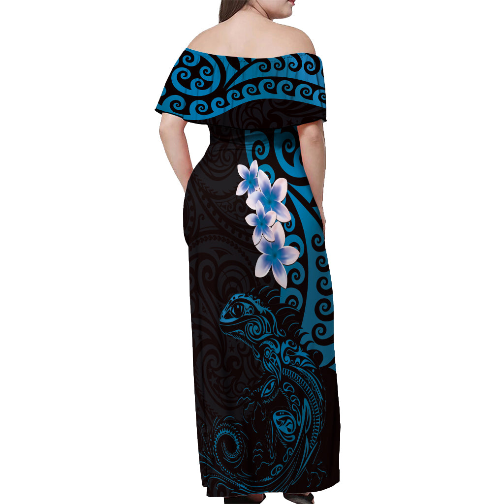 New Zealand Tuatara Plumeria Off Shoulder Maxi Dress Maori Blue Koru Tribal Tattoo LT01 - Polynesian Pride