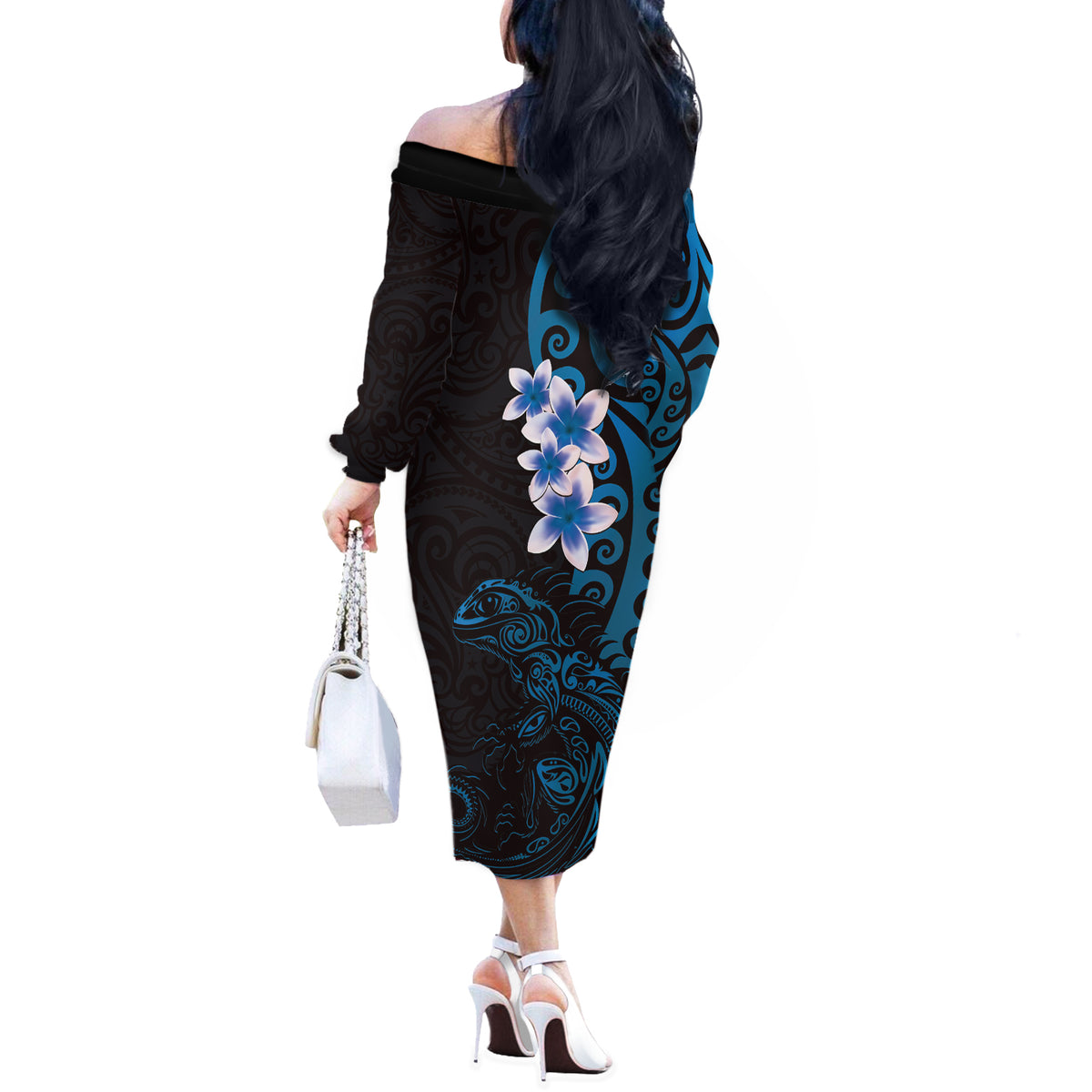 New Zealand Tuatara Plumeria Off The Shoulder Long Sleeve Dress Maori Blue Koru Tribal Tattoo LT01 - Polynesian Pride