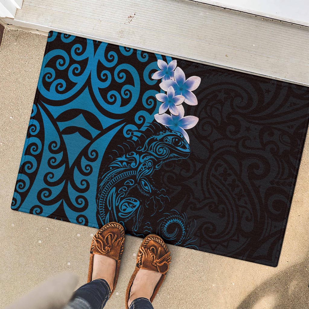 New Zealand Tuatara Plumeria Rubber Doormat Maori Blue Koru Tribal Tattoo
