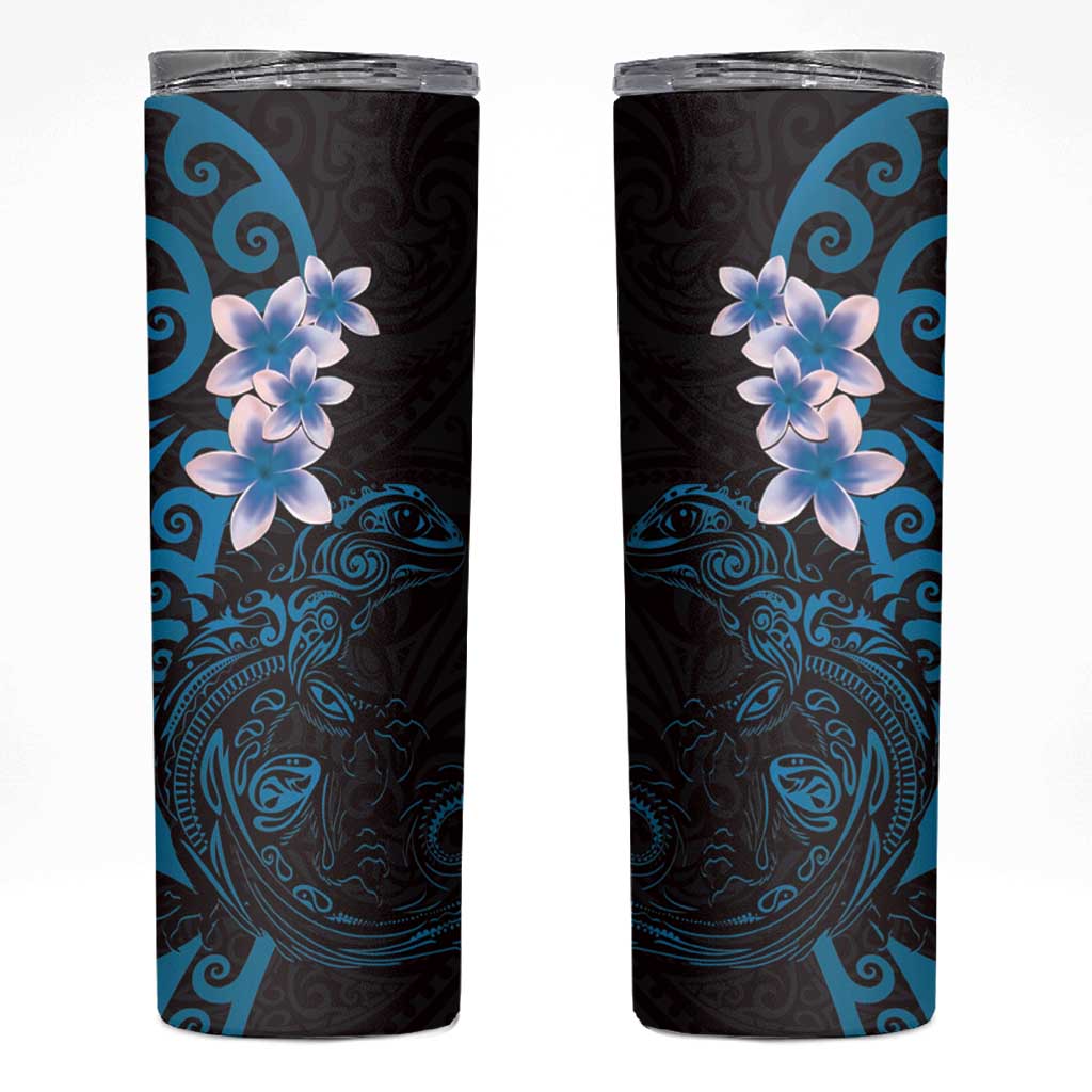 New Zealand Tuatara Plumeria Skinny Tumbler Maori Blue Koru Tribal Tattoo LT01 Blue - Polynesian Pride