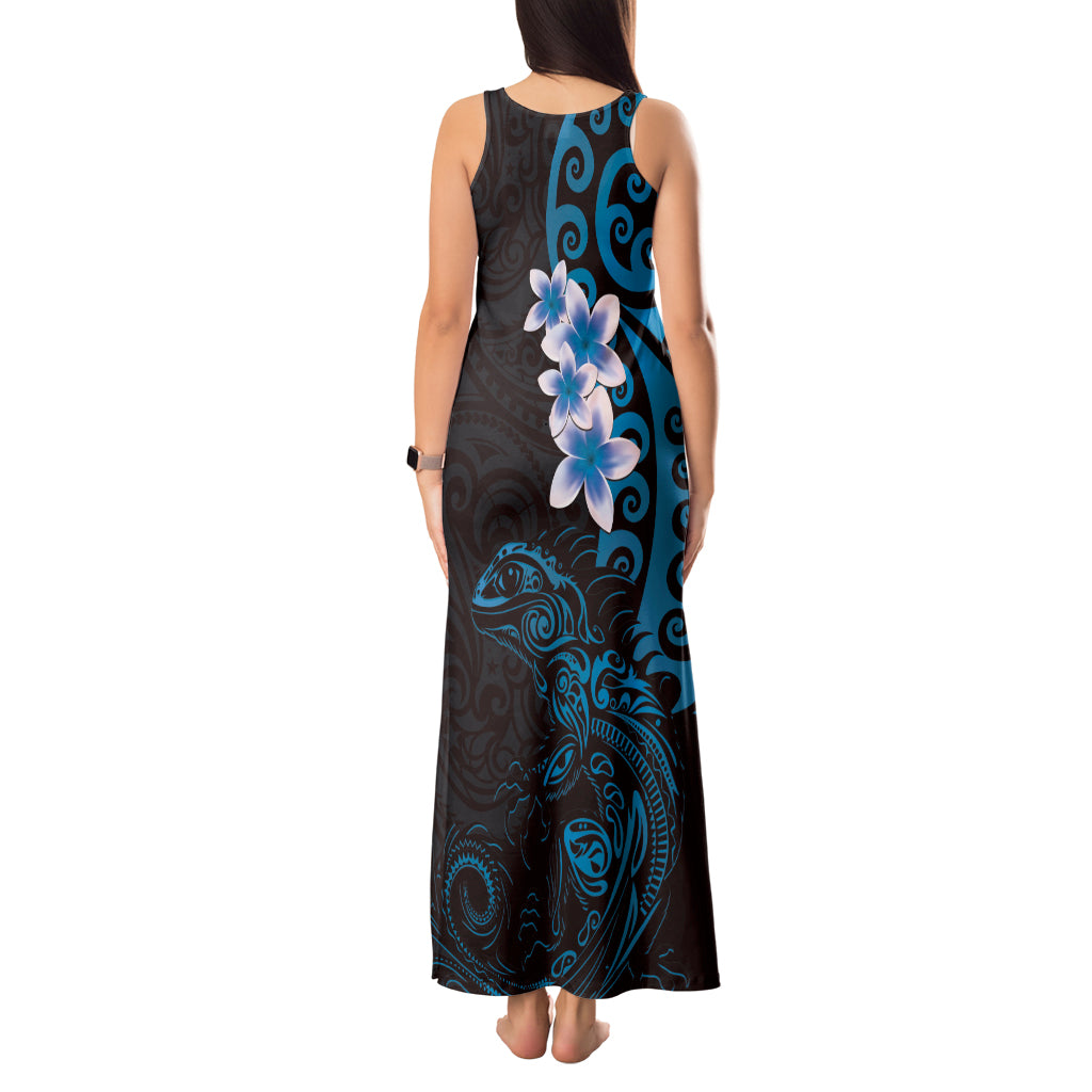 New Zealand Tuatara Plumeria Tank Maxi Dress Maori Blue Koru Tribal Tattoo LT01 - Polynesian Pride