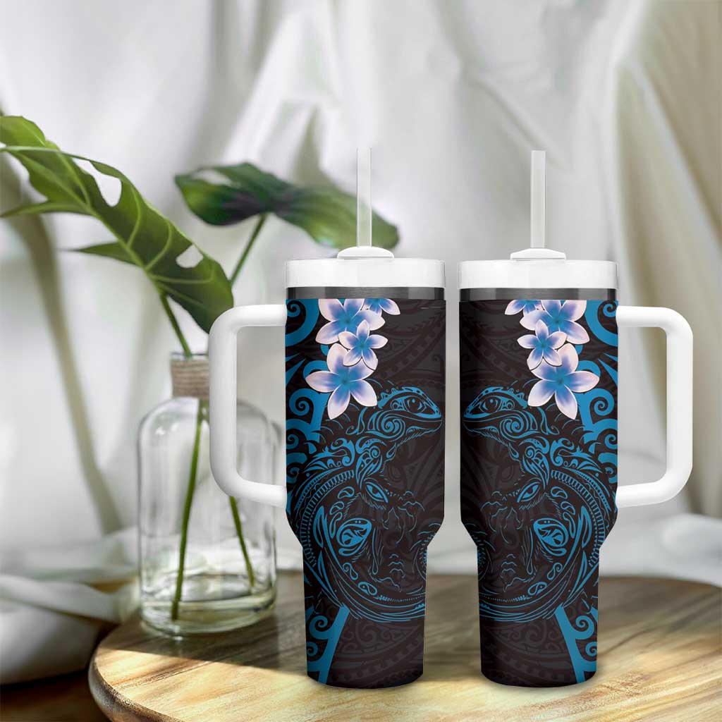 New Zealand Tuatara Plumeria Tumbler With Handle Maori Blue Koru Tribal Tattoo LT01 - Polynesian Pride