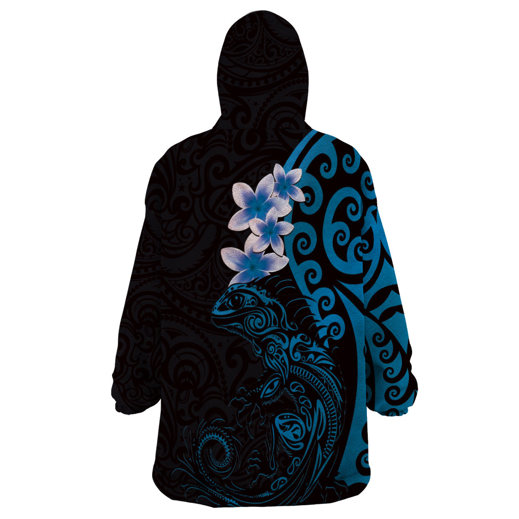 New Zealand Tuatara Plumeria Wearable Blanket Hoodie Maori Blue Koru Tribal Tattoo LT01 - Polynesian Pride