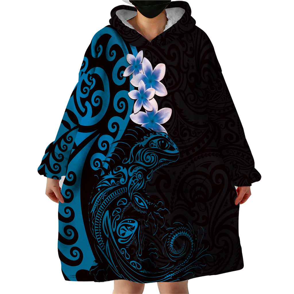 New Zealand Tuatara Plumeria Wearable Blanket Hoodie Maori Blue Koru Tribal Tattoo LT01 - Polynesian Pride