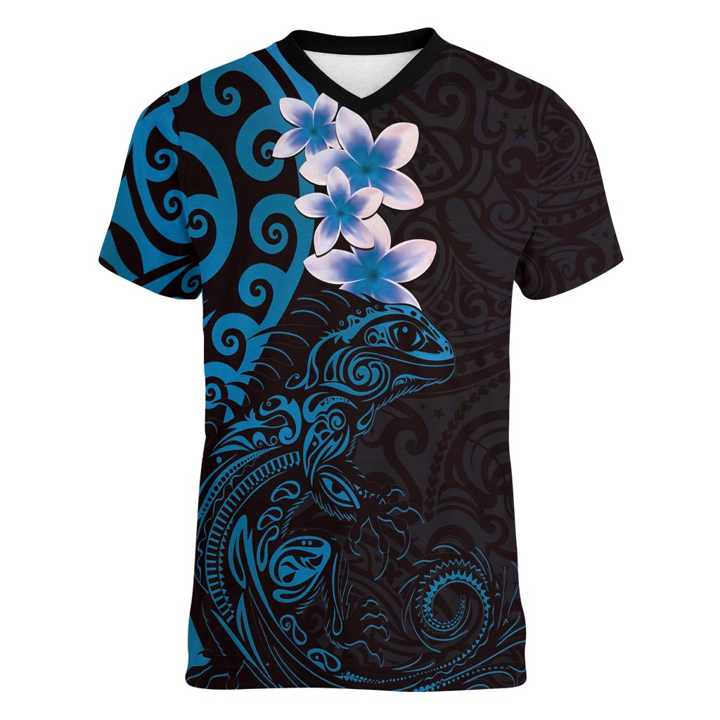 New Zealand Tuatara Plumeria Women V-Neck T-Shirt Maori Blue Koru Tribal Tattoo