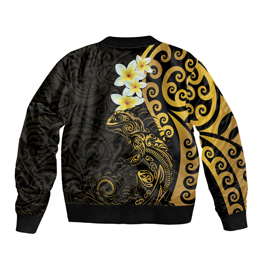 New Zealand Tuatara Plumeria Bomber Jacket Maori Gold Koru Tribal Tattoo