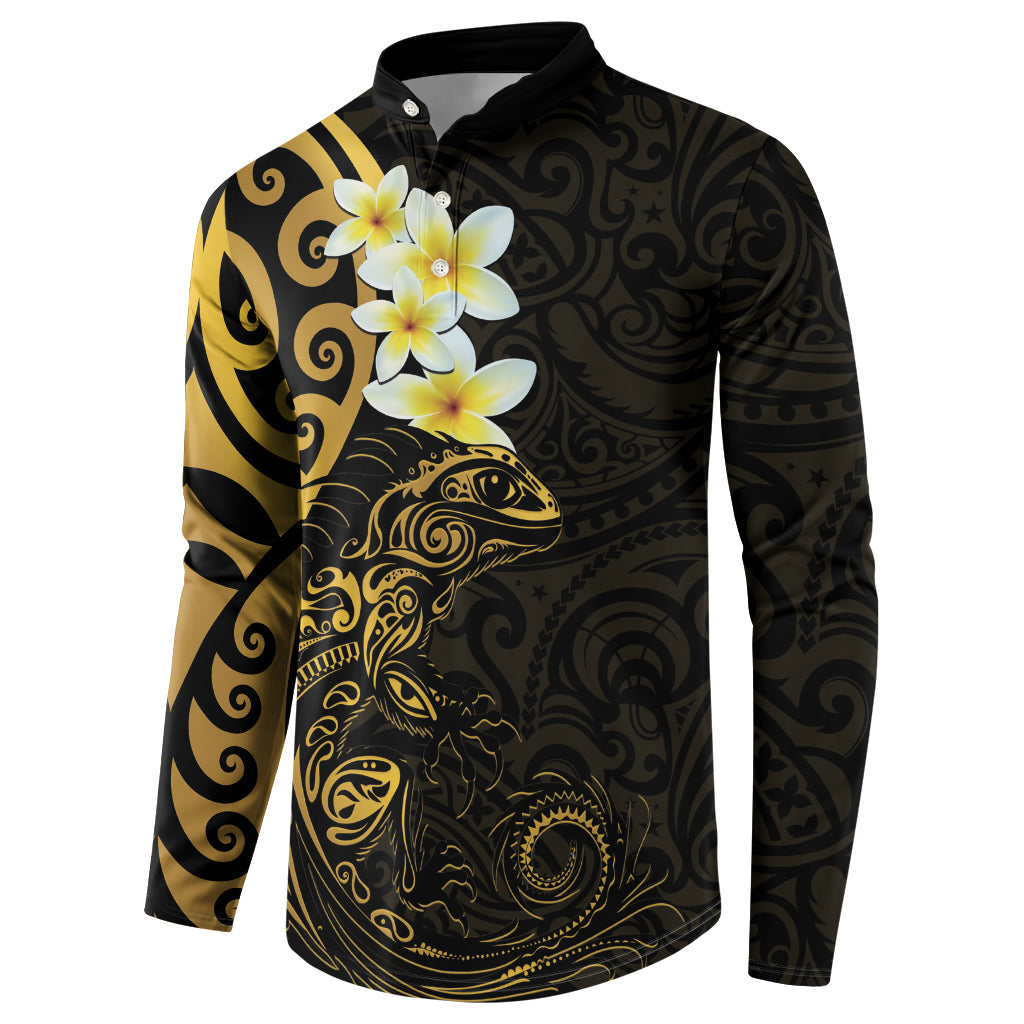 New Zealand Tuatara Plumeria Button Sweatshirt Maori Gold Koru Tribal Tattoo