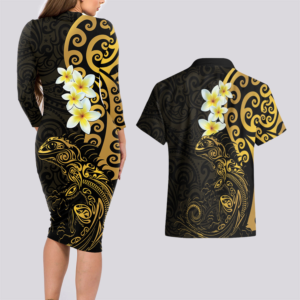 New Zealand Tuatara Plumeria Couples Matching Long Sleeve Bodycon Dress and Hawaiian Shirt Maori Gold Koru Tribal Tattoo LT01 - Polynesian Pride