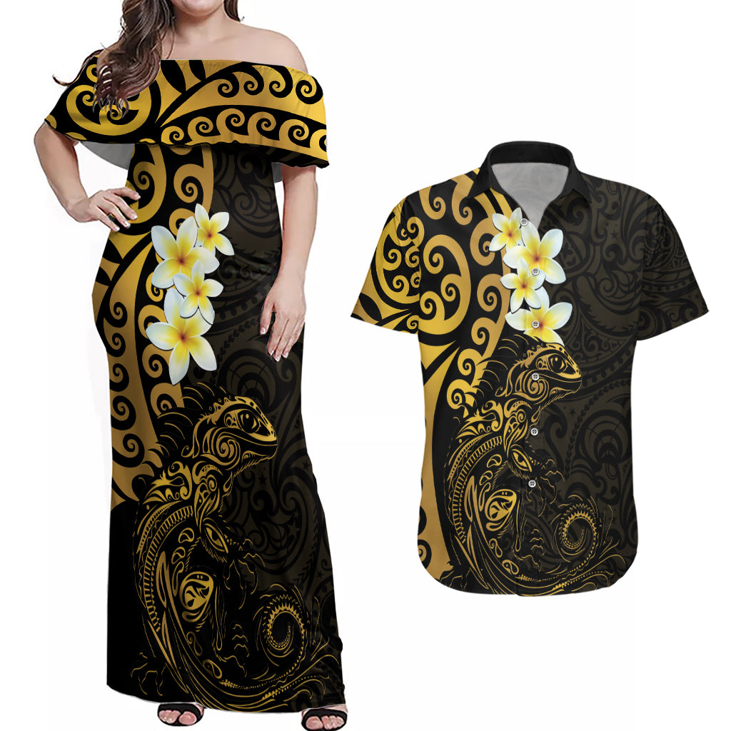 New Zealand Tuatara Plumeria Couples Matching Off Shoulder Maxi Dress and Hawaiian Shirt Maori Gold Koru Tribal Tattoo LT01 Gold - Polynesian Pride