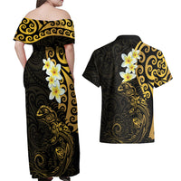 New Zealand Tuatara Plumeria Couples Matching Off Shoulder Maxi Dress and Hawaiian Shirt Maori Gold Koru Tribal Tattoo LT01 - Polynesian Pride
