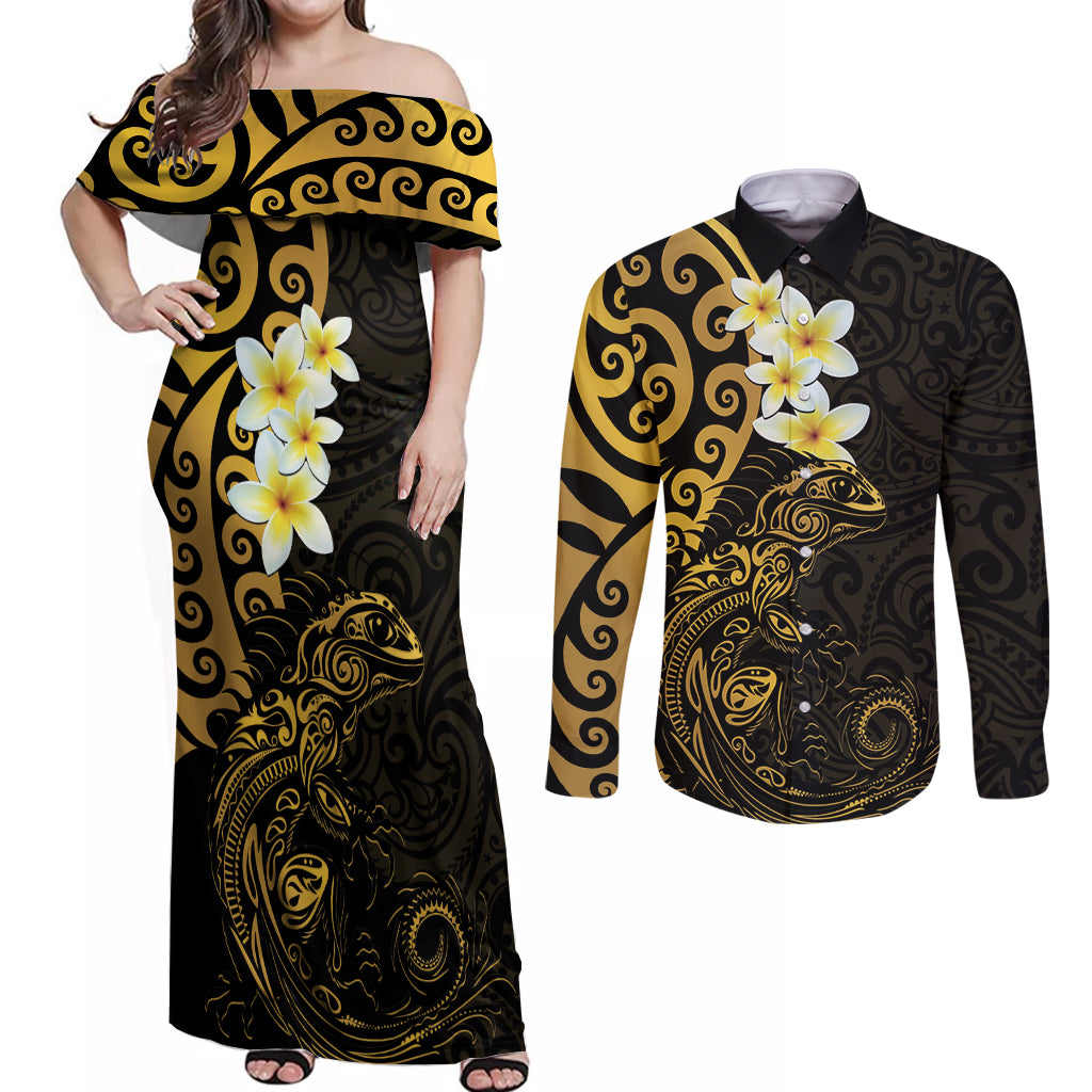 New Zealand Tuatara Plumeria Couples Matching Off Shoulder Maxi Dress and Long Sleeve Button Shirt Maori Gold Koru Tribal Tattoo