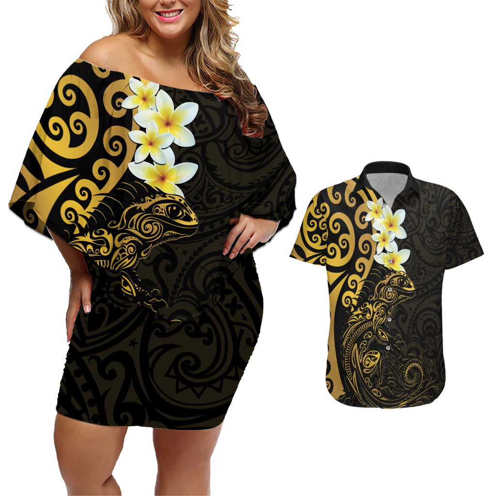 New Zealand Tuatara Plumeria Couples Matching Off Shoulder Short Dress and Hawaiian Shirt Maori Gold Koru Tribal Tattoo LT01 Gold - Polynesian Pride